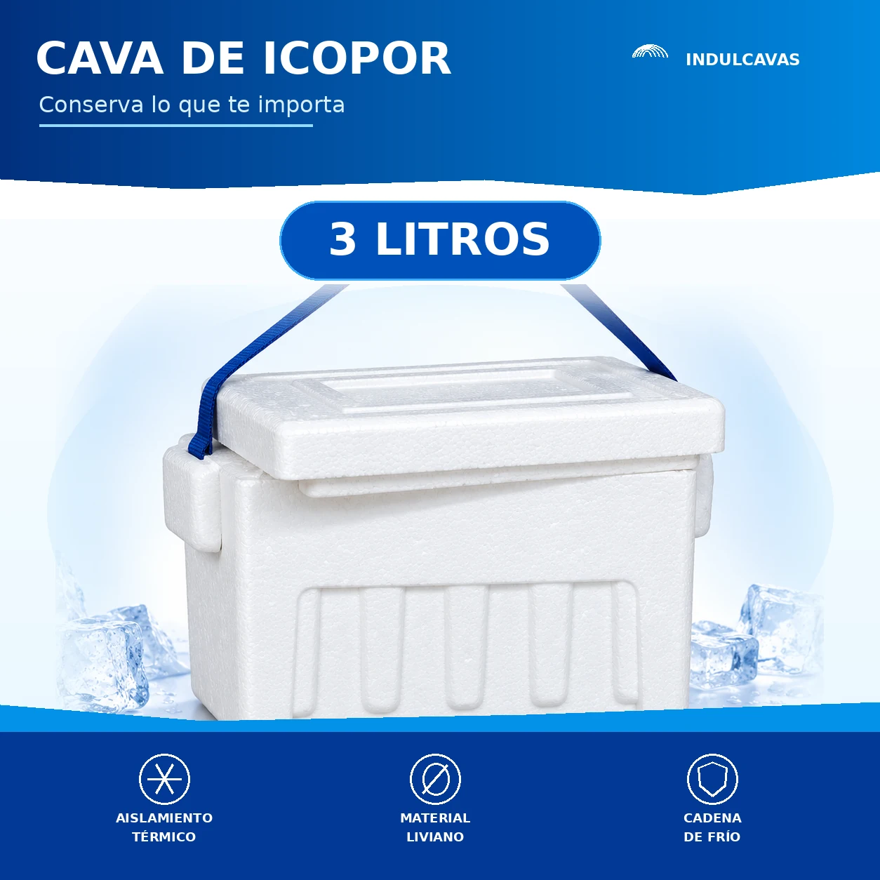 Ficha gráfica de la nevera de icopor de 3 litros Indulcavas: aislamiento térmico, material liviano y cadena de frío