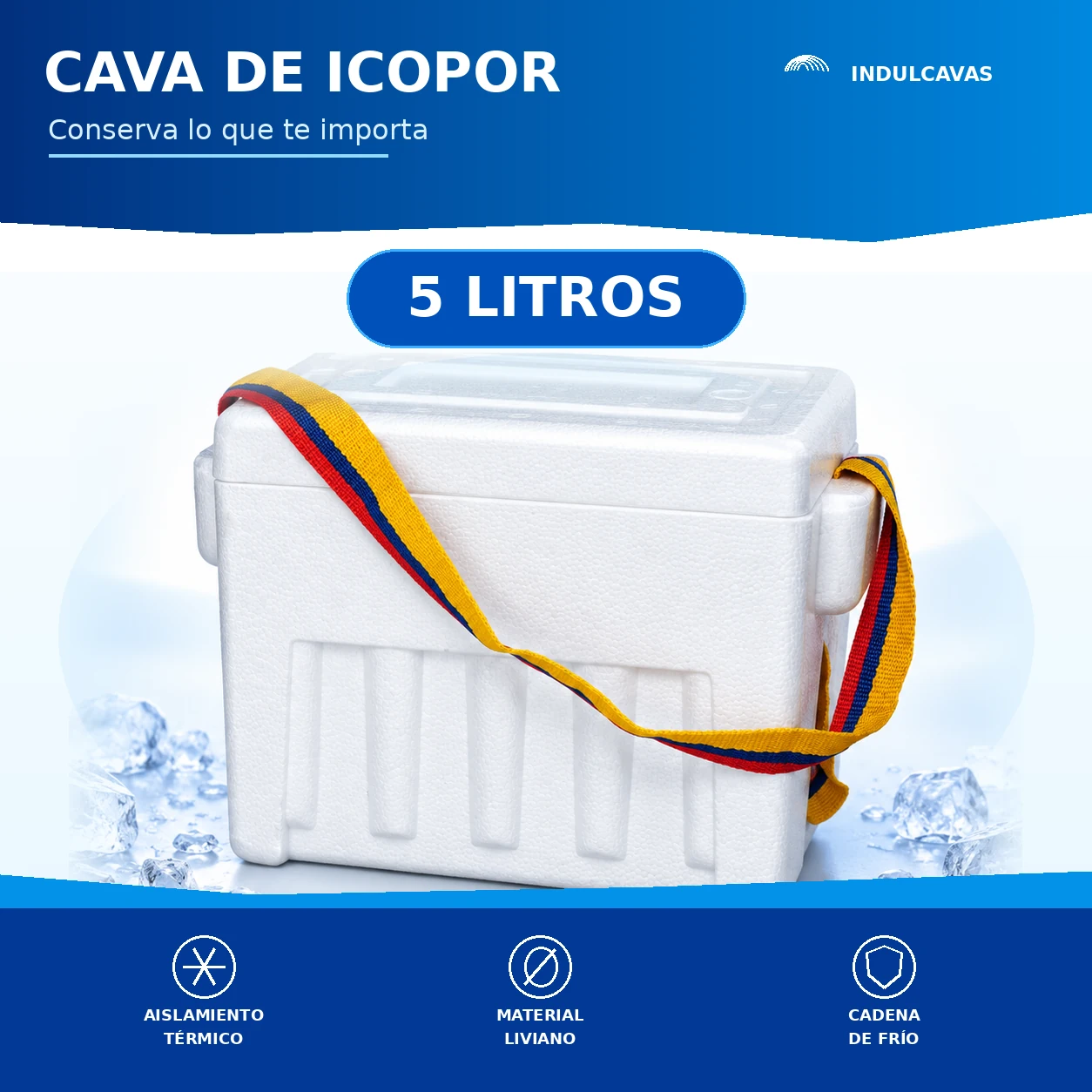 Ficha gráfica de la nevera de icopor de 5 litros Indulcavas: aislamiento térmico, material liviano y cadena de frío