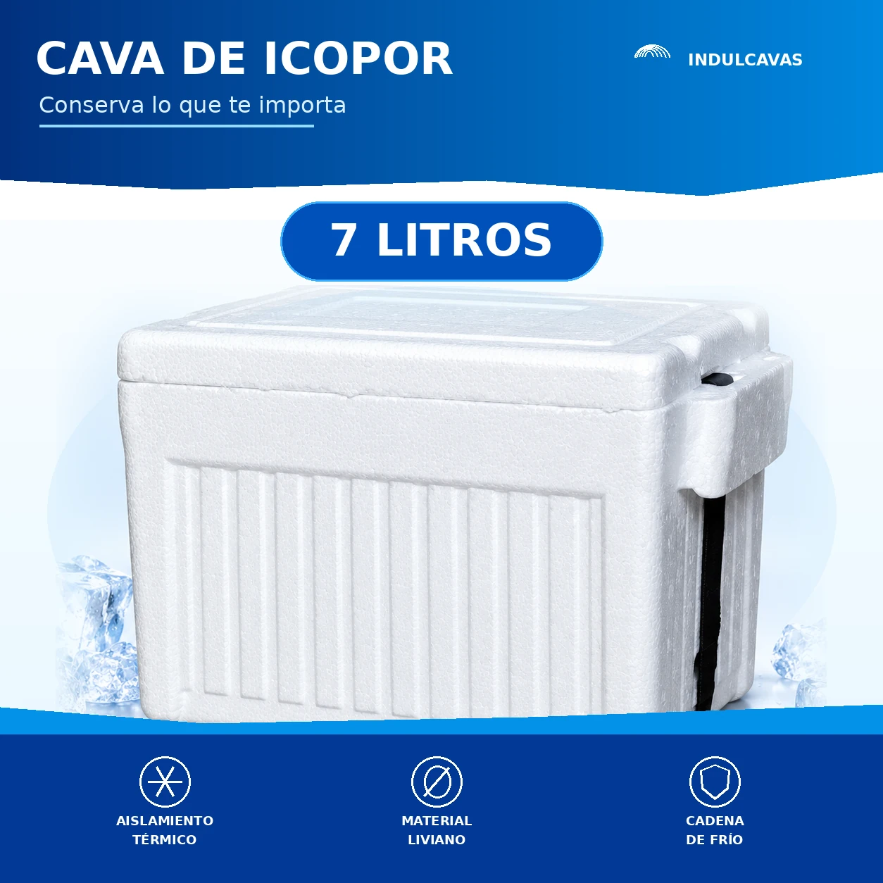 Ficha gráfica de la nevera de icopor de 7 litros Indulcavas: aislamiento térmico, material liviano y cadena de frío